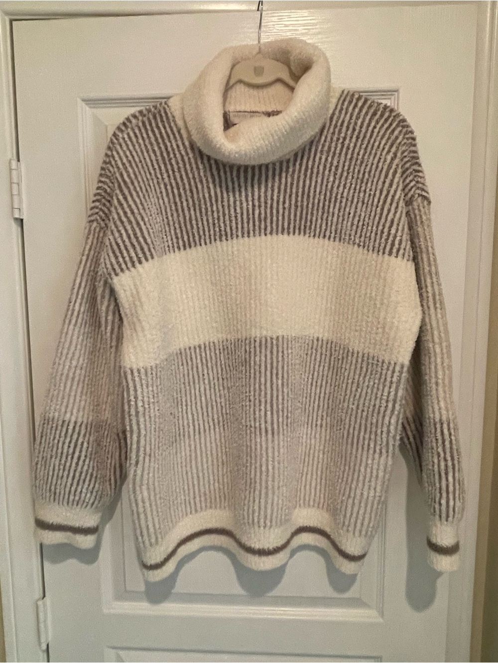 Barefoot Dreams Cozy Chic Cowl Neck Color Block Sweater in Cream and Nickel